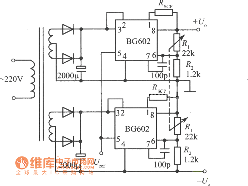 正、负输出电压集成稳压电源(BG602)电路图