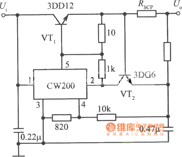 用NPN型功率晶体管扩流的CW200集成稳压电源电路图