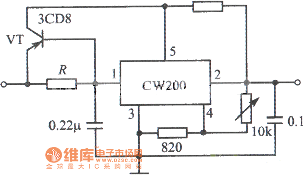 用PNP型功率晶体管扩流的CW200集成稳压电源电路图