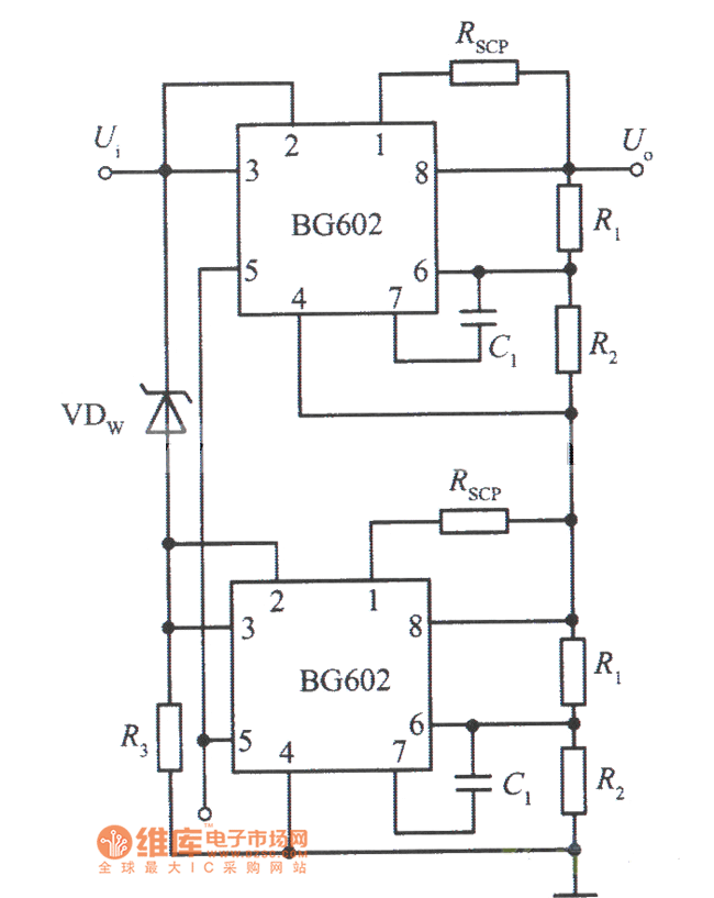 两个BG602输出电压叠加的集成稳压电源电路图