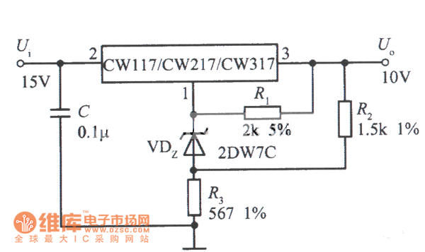 高、高稳定性的+10V集成稳压器电路图
