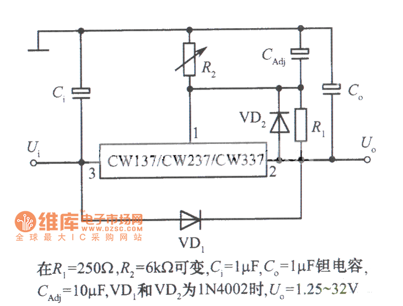 三端可调负输出电压集成稳压器CW137组成的具有过压保护的集成稳压电源电路图
