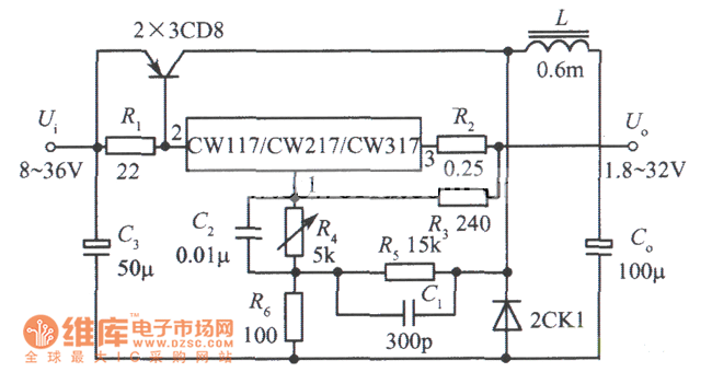 输出电流为3A的开关式集成稳压电源电路图