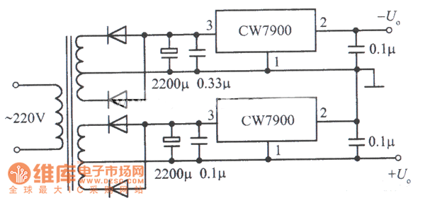正、负输出电压集成稳压电源电路之一电路图
