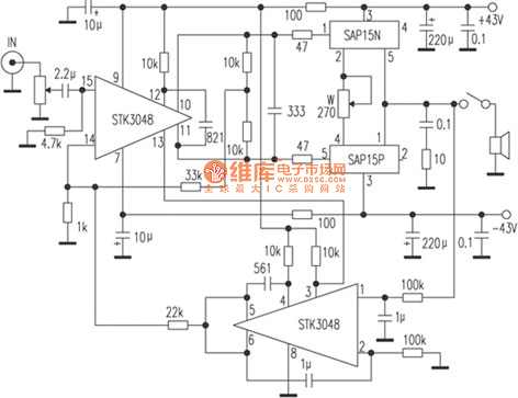 在原板上改制的ＳＴＫ３０４８＋ＳＡＰ１５Ｎ ／ Ｐ功放电路图