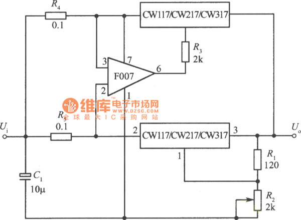 两只集成稳压器并联扩展输出电流电路图