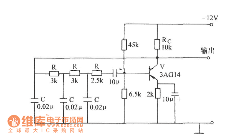 链式网络中C接地的RC相移式振荡器电路图