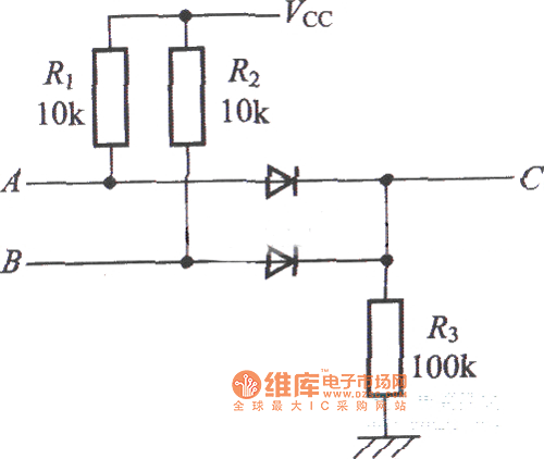 用二极管和电阻构成的OR电路C=A+B电路图