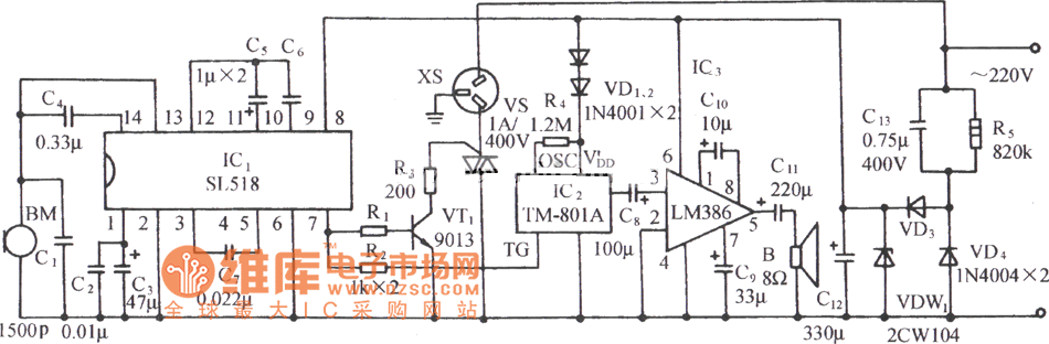用SL518的声控音乐插座电路图