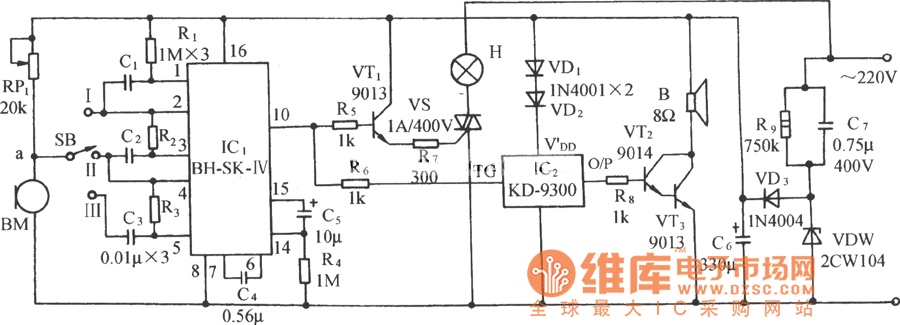 用SK-IV的声控自动照明灯伴乐曲发声电路图