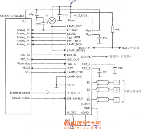 电场感应器件MC33794与微控制器的接线电路图