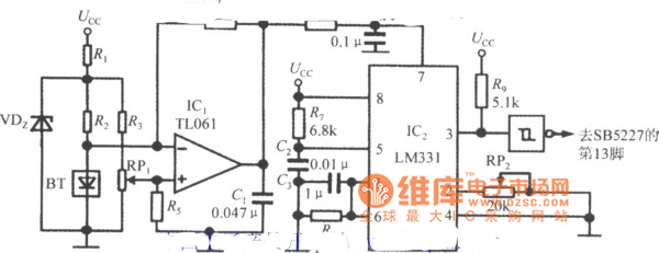 温度检测电路(智能化超声波测距专用集成电路SB5527)电路图