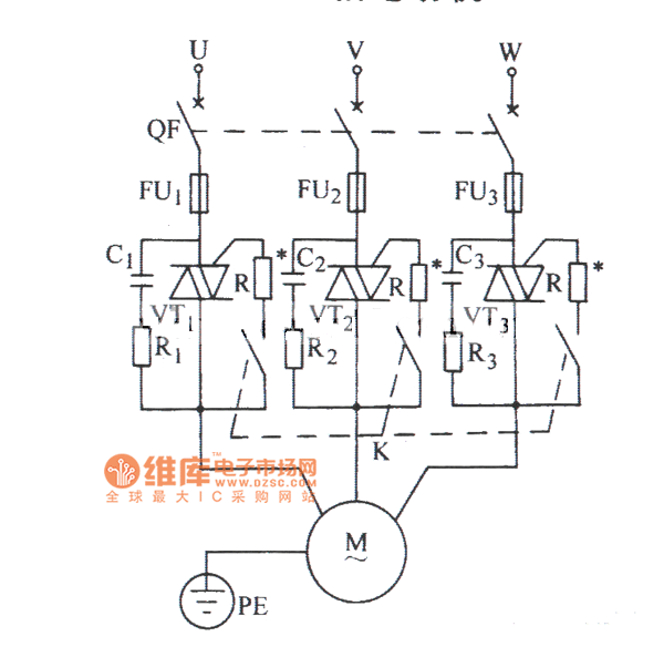 双向晶闸管控制三相电动机的典型电路图