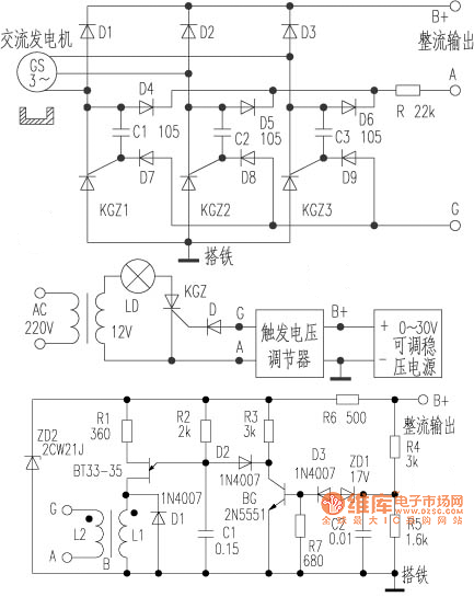 汽车可控硅电压调节器的维修电路图