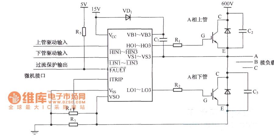 IR2130与功率管的连接方式电路图