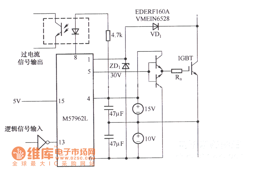 M57962L驱动大功率IGBT模块时的典型电路图