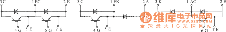 GA系列IGBT半桥、高端开关和低端开关型模块的内部接线电路图