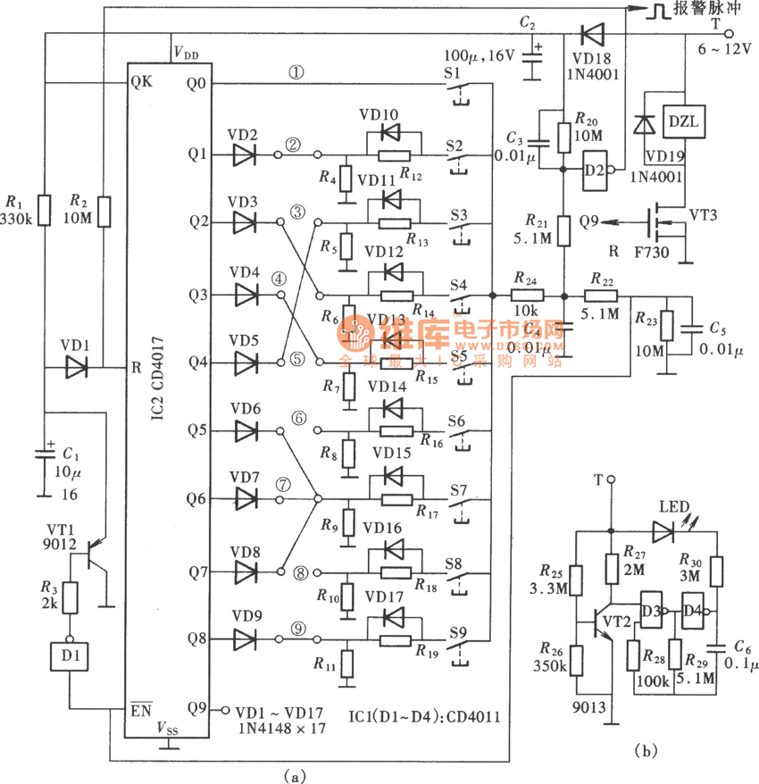 由CD4017组成的超级密码锁电路图