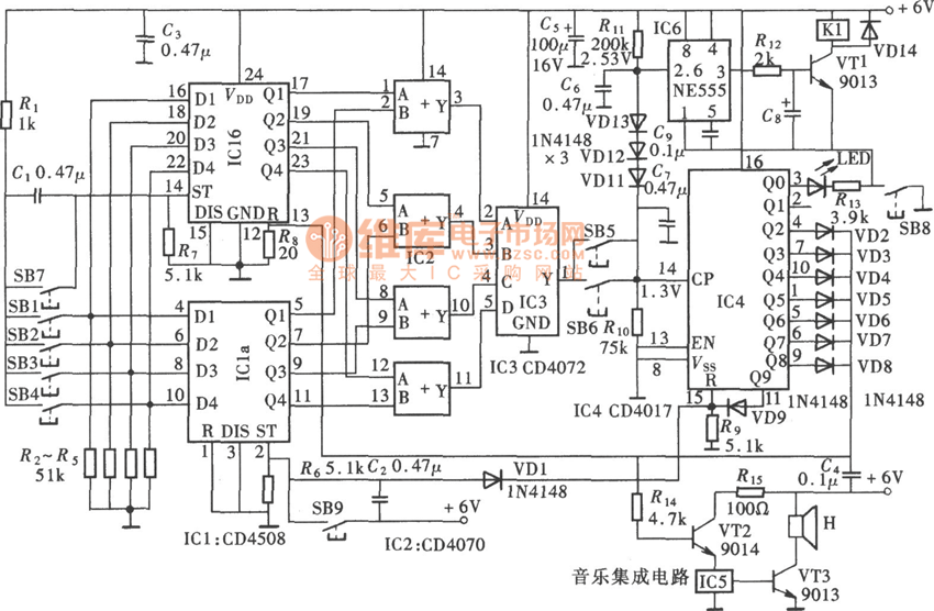 有报警功能的密码锁(CD4508、CD4070、CD4017、CD4072)电路图