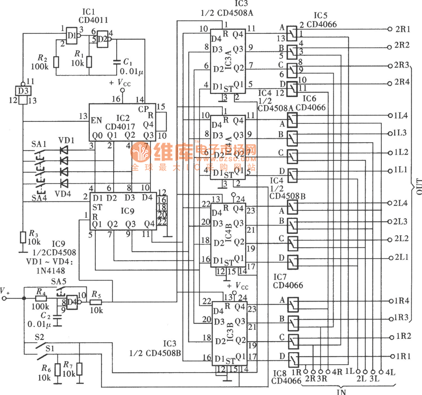 四路输人／输出音频切换开关(CD4017、CD4066)电路图