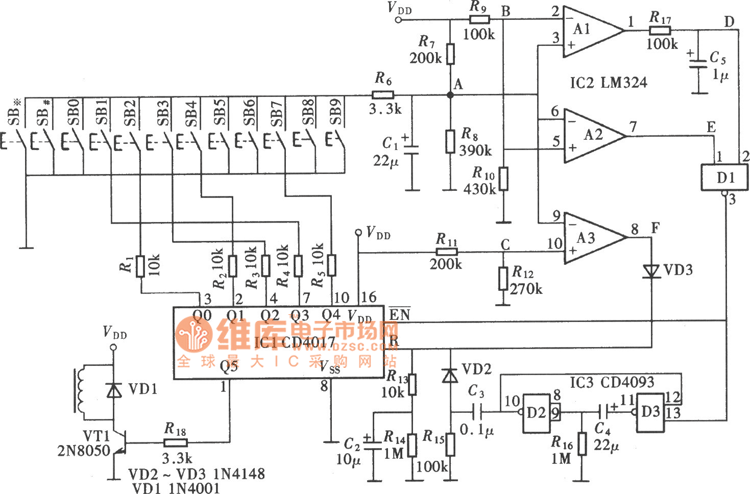 能识别伪码的密码锁(CD4017、CD4093)电路图