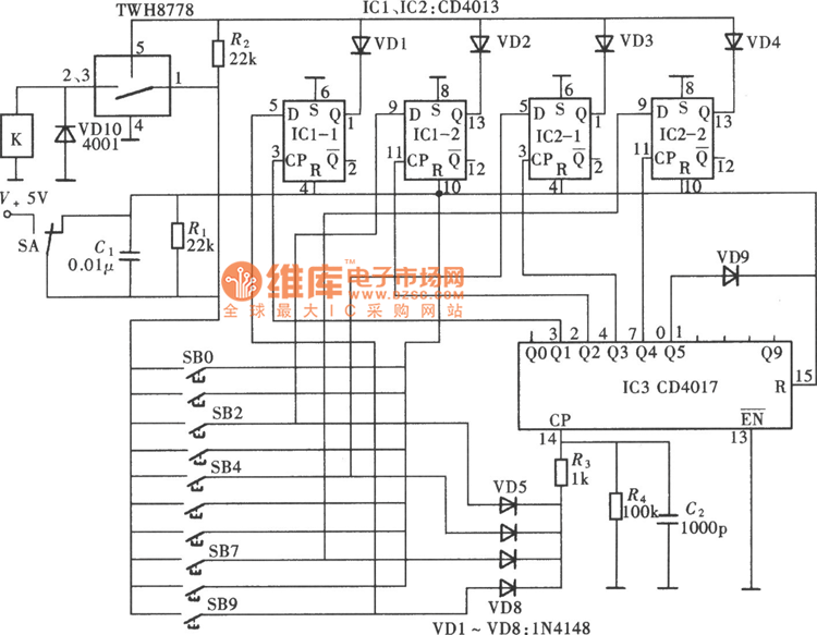 十位数字密码开关(CD4013、CD4017)电路图