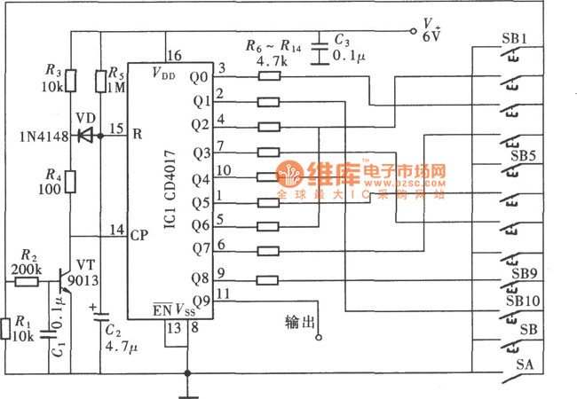 由CD4017组成的九位数字密码控制器电路图