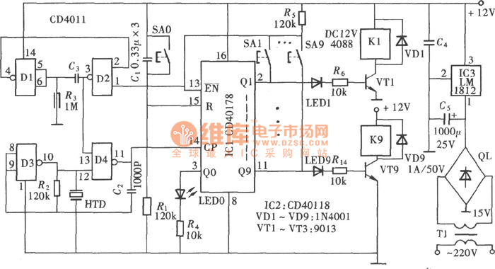 带声光指示功能的十挡互锁开关(CD4011、LM1812)电路图