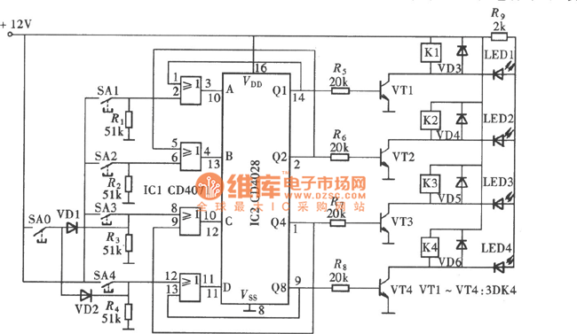 四路互锁开关电路一(CD4028)电路图