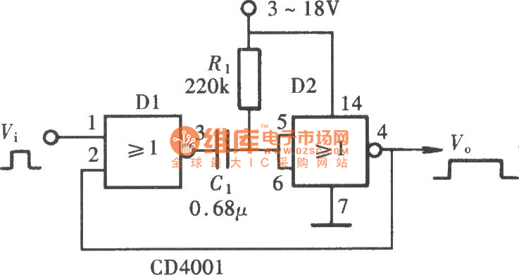 用门电路组成的单稳态触发器电路图