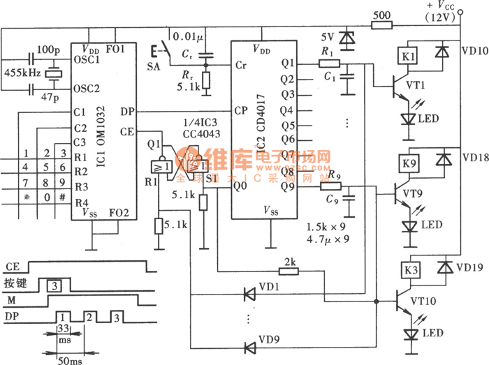 琴键式电子开关电路(OM1032、CD4043、CD4017)电路