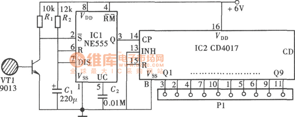 触摸信号输入电路由晶体管开关电路VT1组成