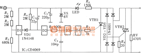 由CD4069组成的触摸式卫生间排气扇延时开关电路