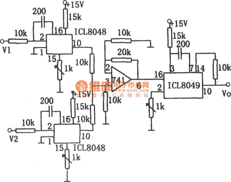 线性直流电压乘法器(ICL8048、ICL8049)电路图