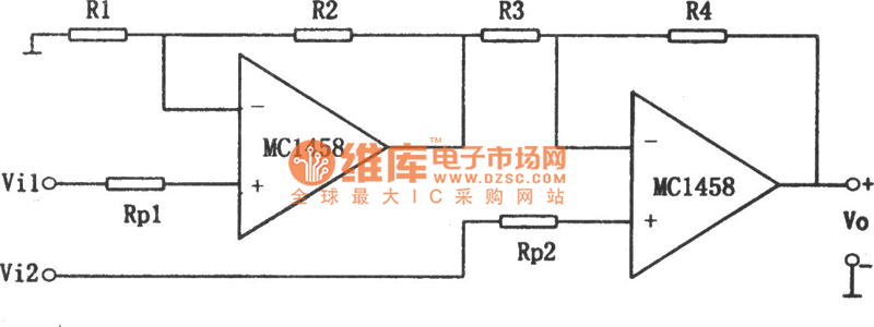 从同相端输入的两运放减法电路(MC1458)电路图 