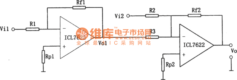 ICL7622构成的双运放基本减法电路图