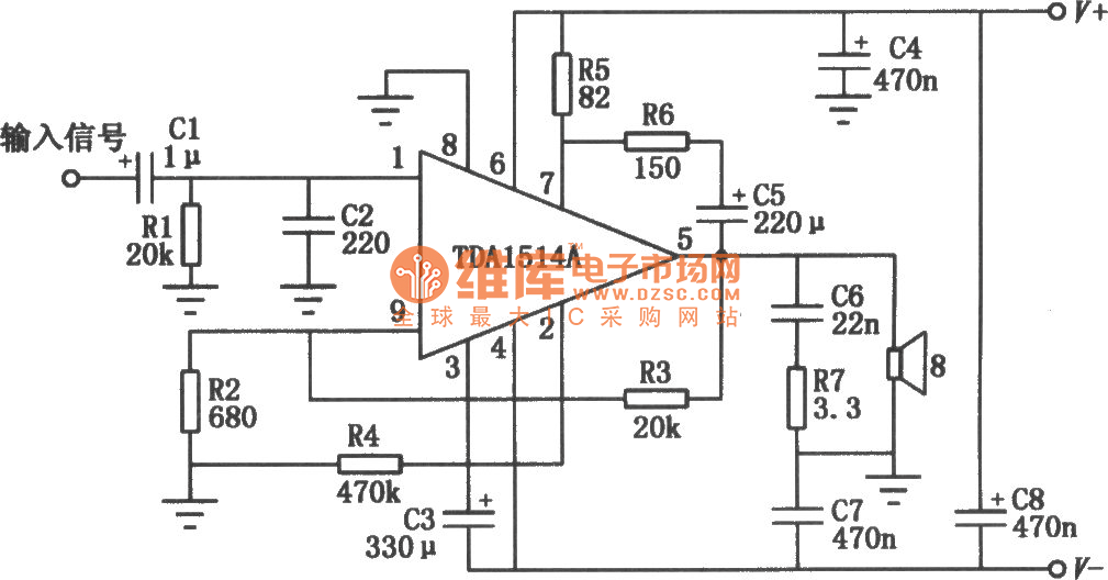 TDA1514A组成的50W高保真音频集成功放电路图