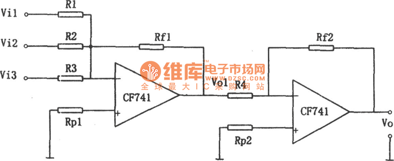 CF741构成的输入输出同相加法电路图 