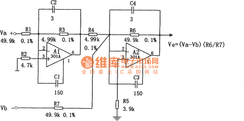 共模电压可达±100V的差动输入放大器电路图 