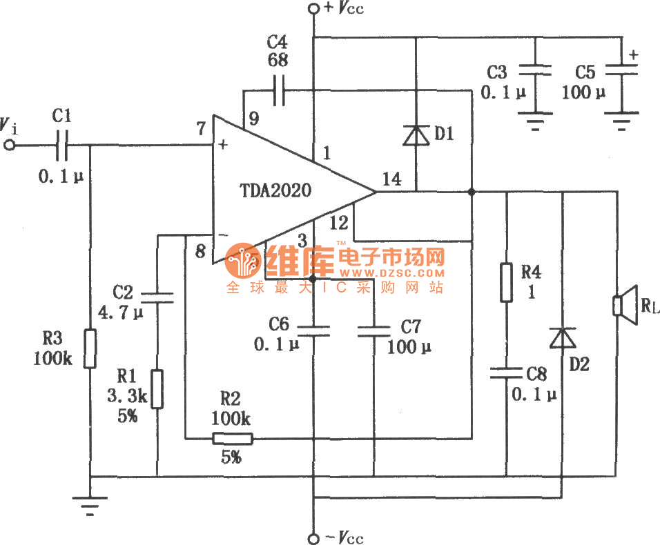 20W Hi—Fi音频功率放大器TDA2020的典型应用电路