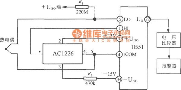 能检测热电偶开路故障的电路(隔离式热电偶冷端温度补偿及信号调理器1B51)电路图