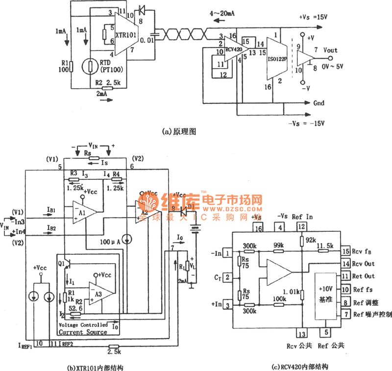远距离隔离温度变送电路(XTR101)电路图 