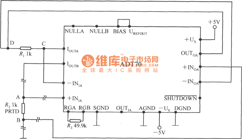 用4线制接法消除引线电阻的影响(铂热电阻信号调理器ADT70)电路图