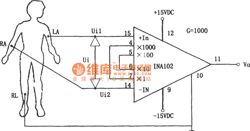 INA102构成的人体生物电信号前置放大器电路图