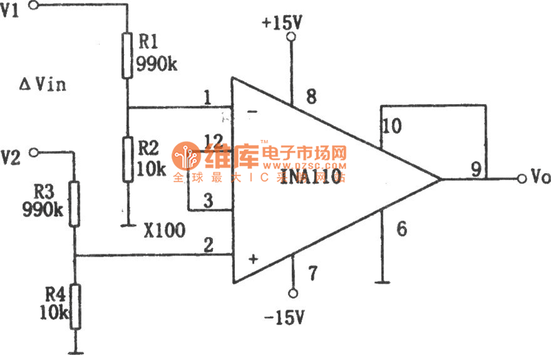 INA110构成的共模电压可达±1000V的差动放大器电路图