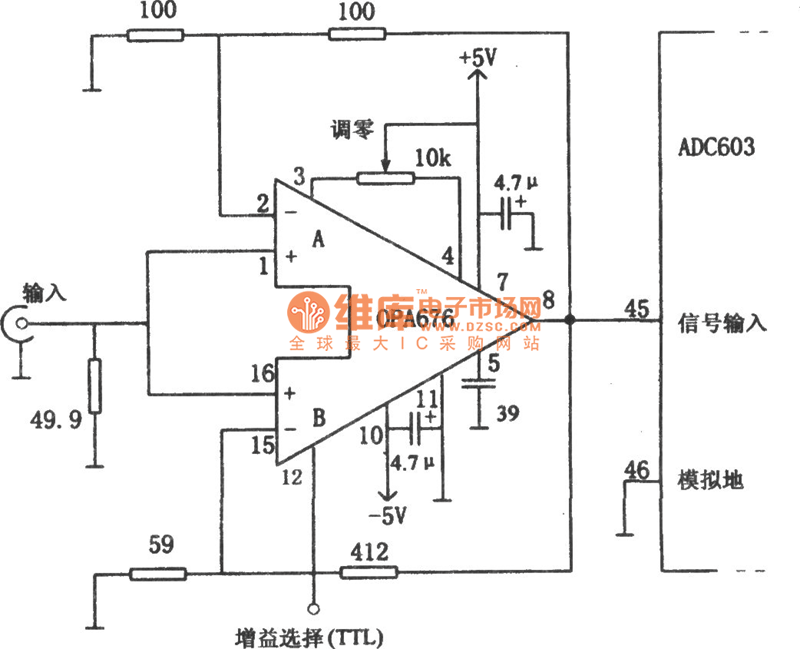 用于浮点变换的增益可变成缓冲放大器(OPA676)电路图