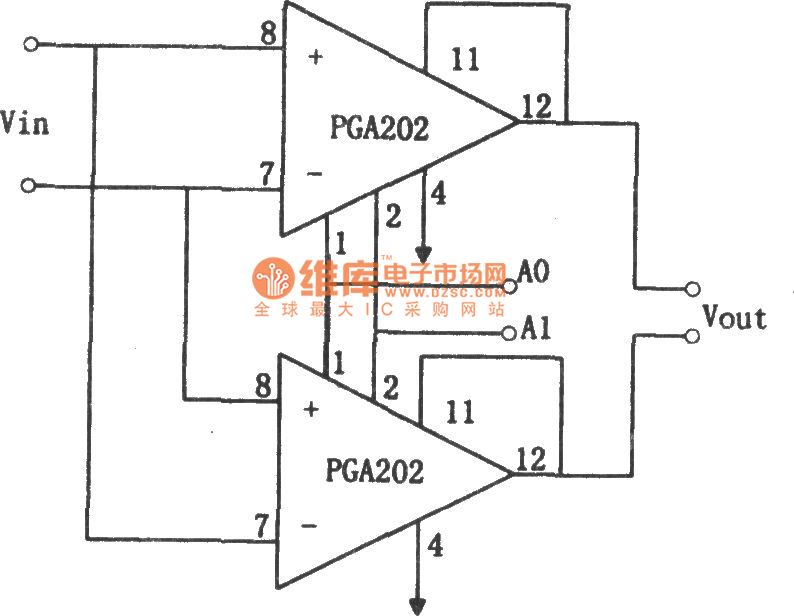 差动输入／输出的增益可编程放大器(PGA202)电路图