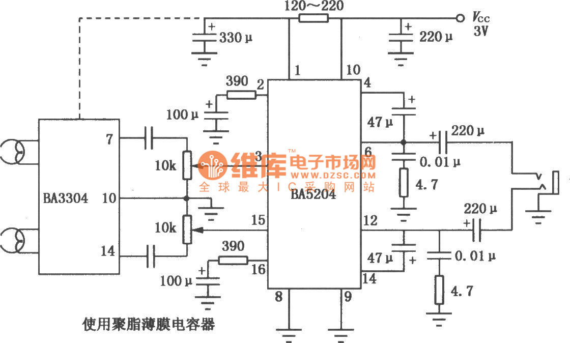 BA5204/5204F 3V双声道音频功率放大器的典型应用电路图