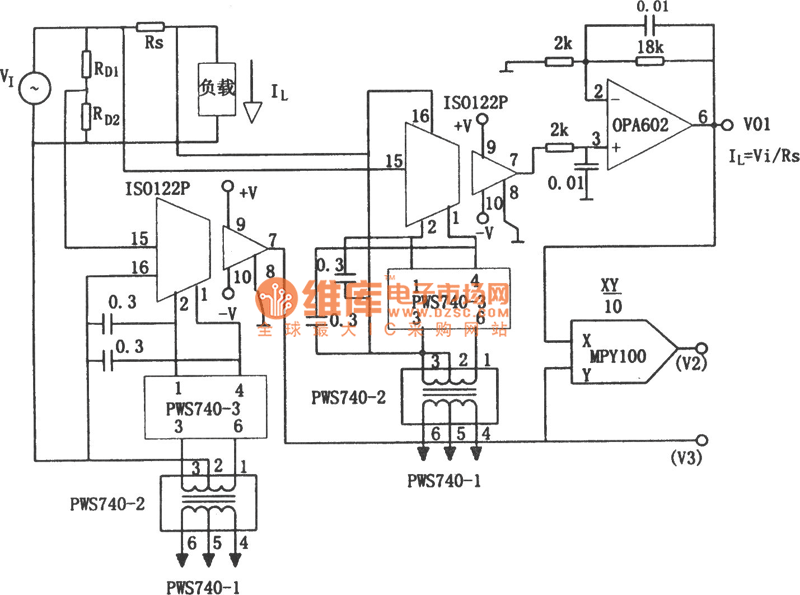 动力线负载V、I和P的隔离检测电路(OPA602)电路图 