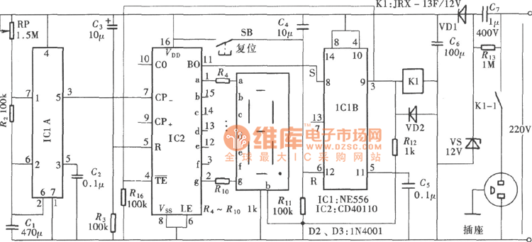 由NE556、CD40110组成的倒计时数显定时器电路图